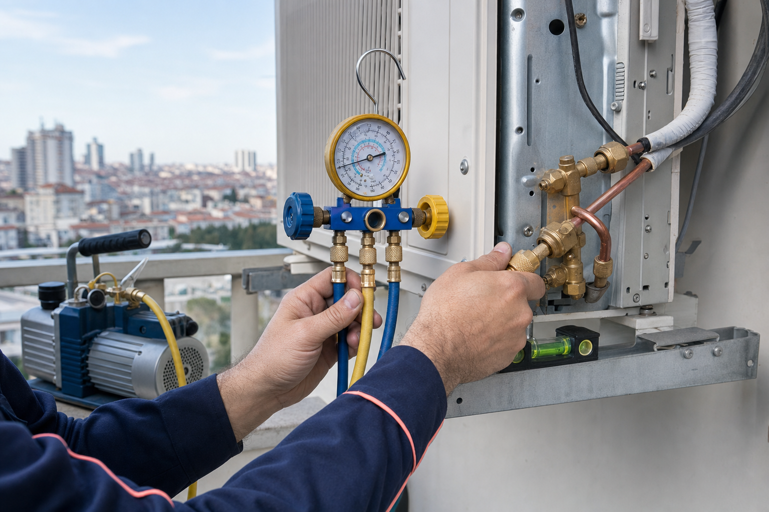 Klima dış ünitesinde manifold gauge ile basınç ölçümü ve vakum pompası — saha çalışması